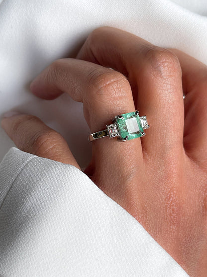 3 Stone Emerald Diamond Ring in Solid Gold, Natural Colombian Emerald & Diamond Ring