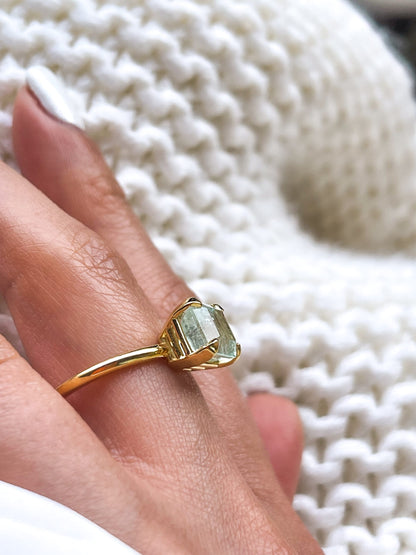 Natural Colombian Emerald Cut Green Beryl Solitaire Ring in Solid 14k Gold