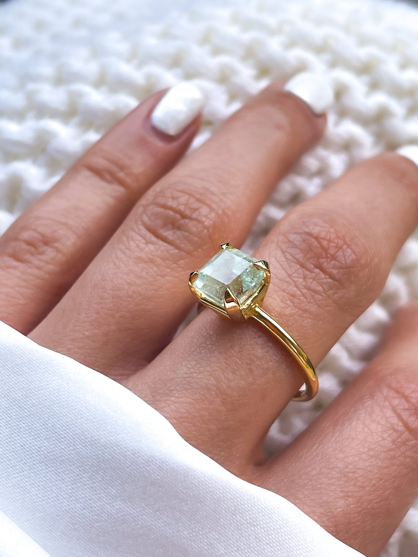 Natural Colombian Emerald Cut Green Beryl Solitaire Ring in Solid Gold