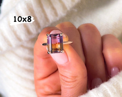 Natural Emerald Cut Ametrine Solitaire Ring 14k Solid Gold