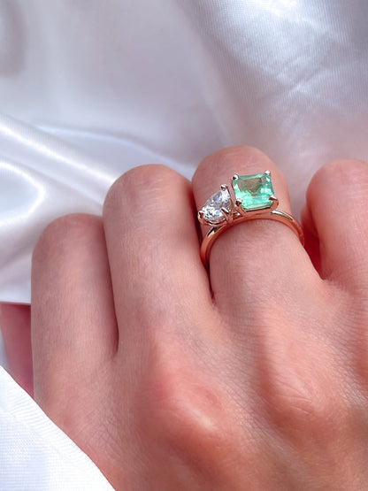 2 Stone Emerald Diamond Ring in 14k Solid Gold- Toi et Moi Ring