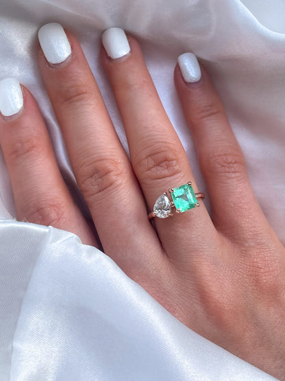 2 Stone Emerald Diamond Ring in 14k Solid Gold- Toi et Moi Ring
