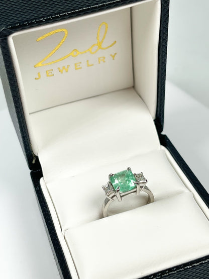 3 Stone Emerald Diamond Ring in Solid Gold, Natural Colombian Emerald & Diamond Ring