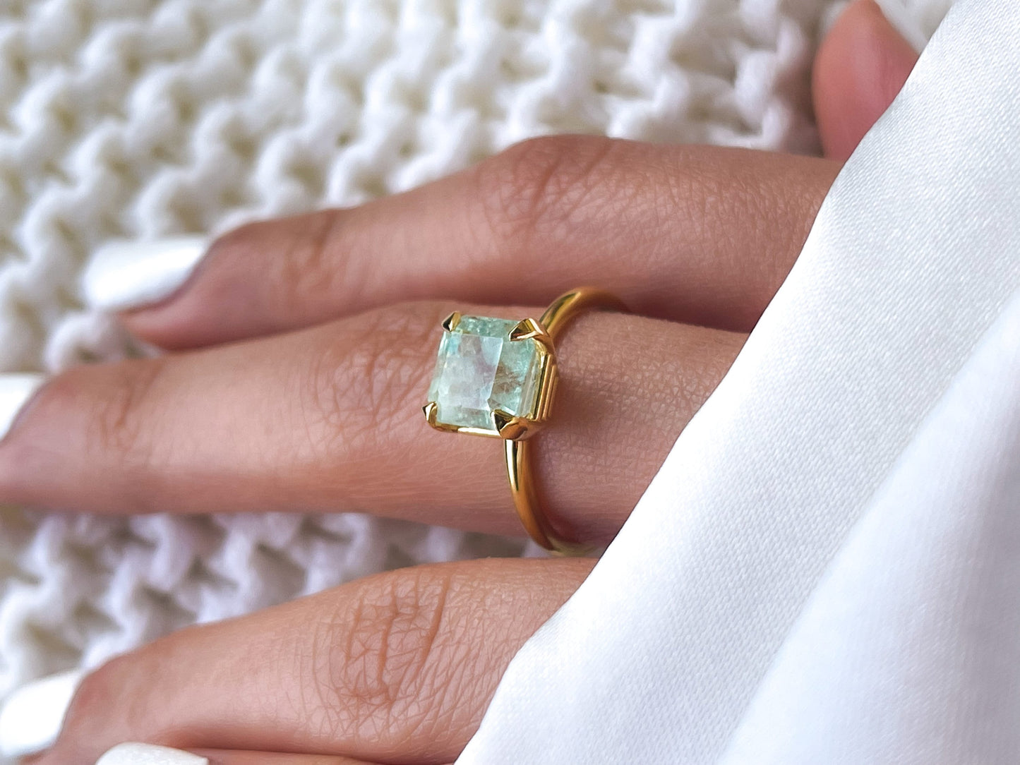 Natural Colombian Emerald Cut Green Beryl Solitaire Ring in Solid Gold