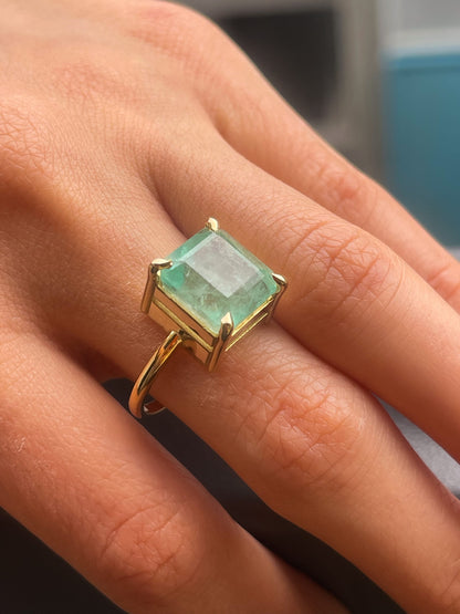 7Ct Natural Light Green Emerald Solitaire Ring in 14k Solid Gold, Green Beryl Ring