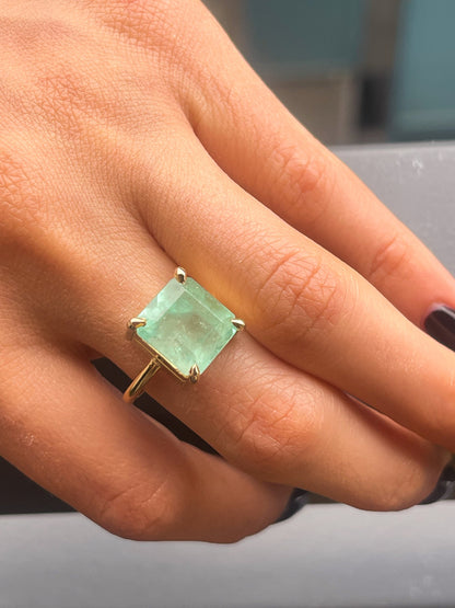 7Ct Natural Light Green Emerald Solitaire Ring in 14k Solid Gold, Green Beryl Ring