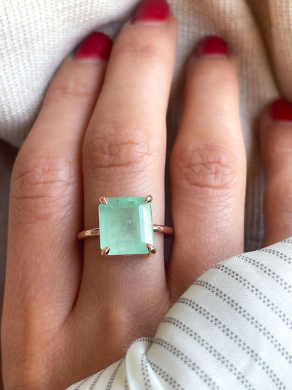 7Ct Natural Light Green Emerald Solitaire Ring in 14k Solid Gold, Green Beryl Ring