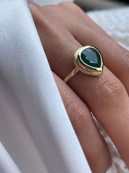 Natural Pear Shaped Emerald Bezel Setting Solitaire Ring in 14k Solid Gold