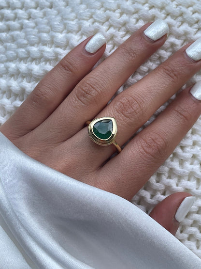 Natural Pear Shaped Emerald Bezel Setting Solitaire Ring in 14k Solid Gold
