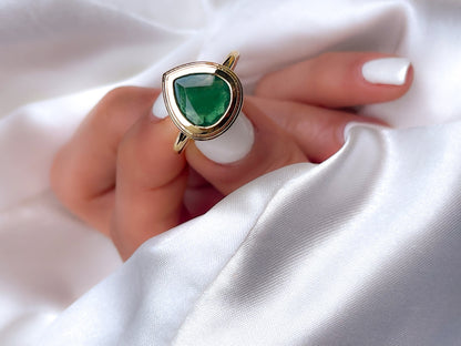 Natural Pear Shaped Emerald Bezel Setting Solitaire Ring in 14k Solid Gold