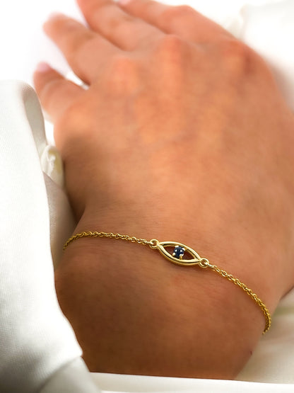 14k Solid Gold Evil Eye Bracelet with Diamond, Emerald or Sapphire Gemstone
