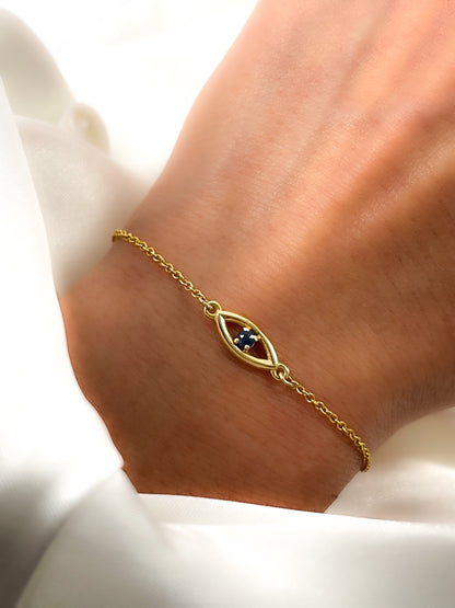 14k Solid Gold Evil Eye Bracelet with Diamond, Emerald or Sapphire Gemstone