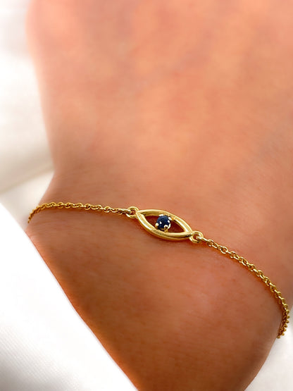 14k Solid Gold Evil Eye Bracelet with Diamond, Emerald or Sapphire Gemstone