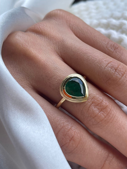Natural Pear Shaped Emerald Bezel Setting Solitaire Ring in 14k Solid Gold