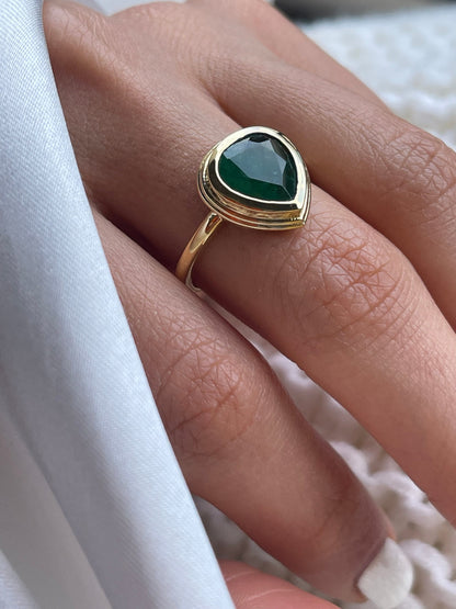 Natural Pear Shaped Emerald Bezel Setting Solitaire Ring in 14k Solid Gold