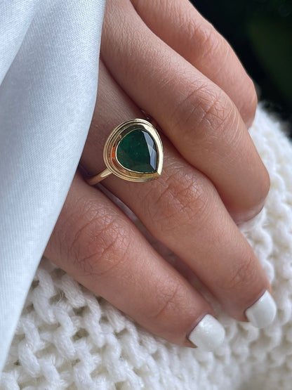 Natural Pear Shaped Emerald Bezel Setting Solitaire Ring in 14k Solid Gold