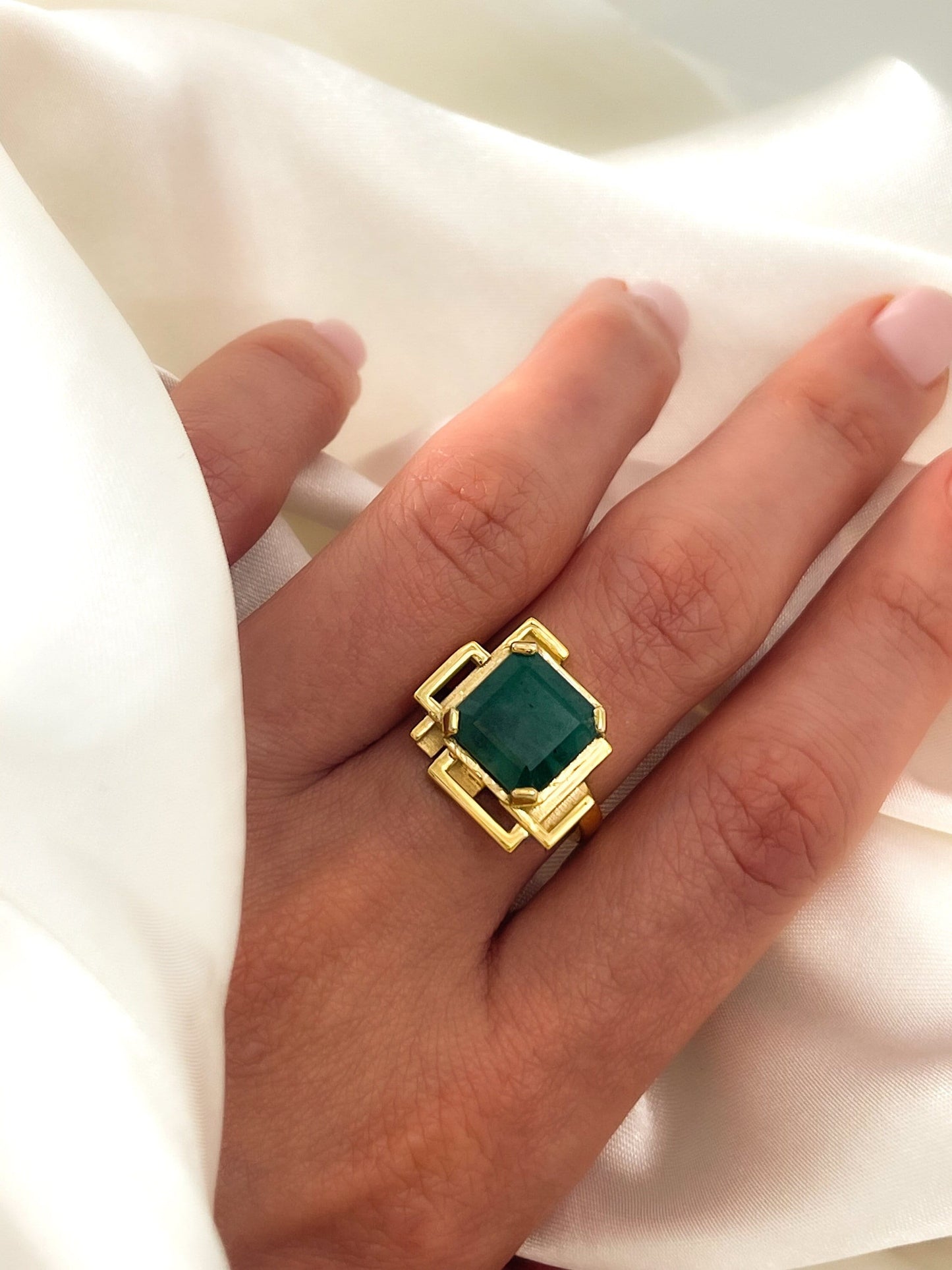 Modern Design Natural Emerald Cut Emerald Ring in Solid 14k Gold