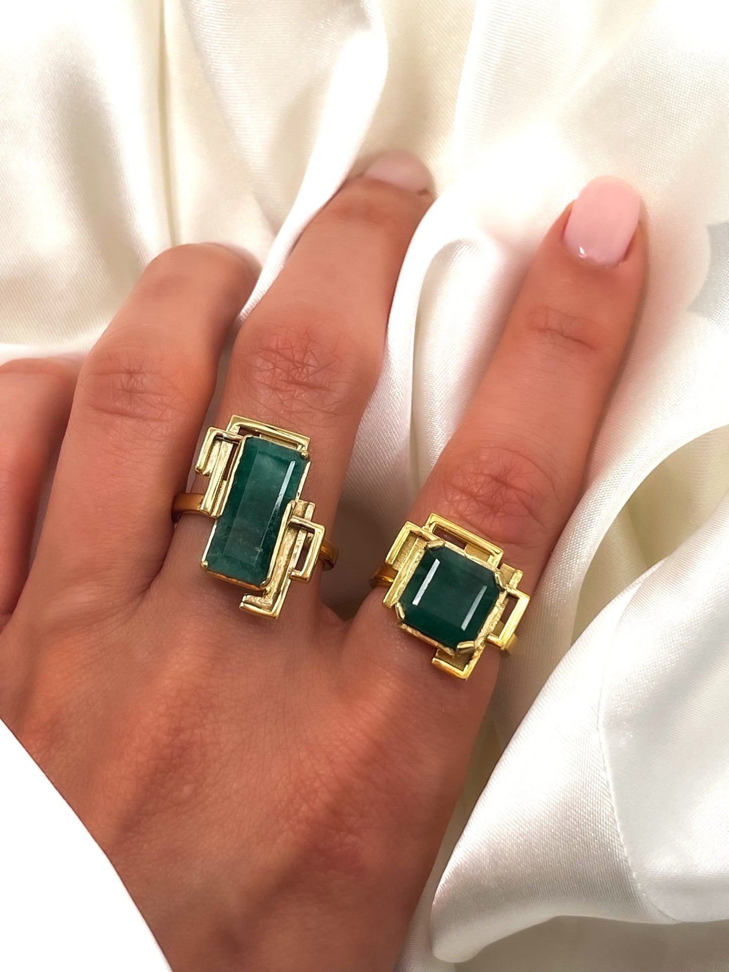 Modern Design Natural Emerald Cut Emerald Ring in Solid 14k Gold