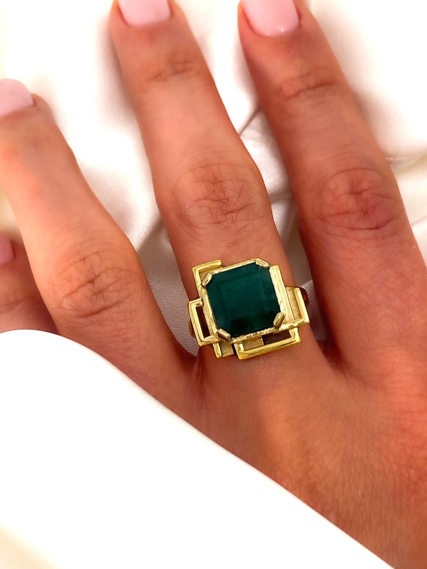 Modern Design Natural Emerald Cut Emerald Ring in Solid 14k Gold