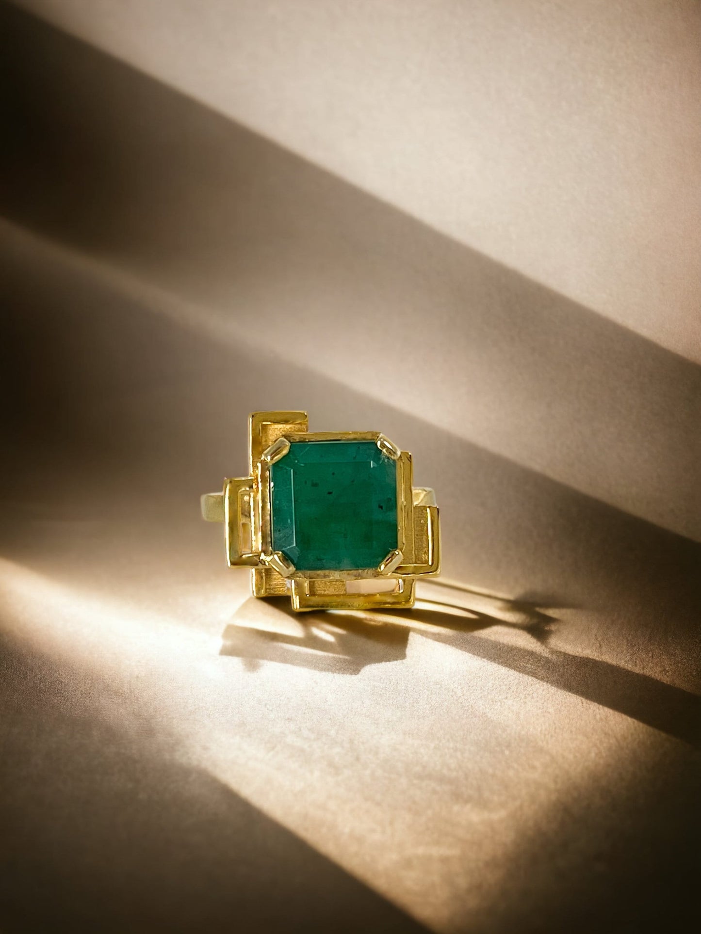 Modern Design Natural Emerald Cut Emerald Ring in Solid 14k Gold