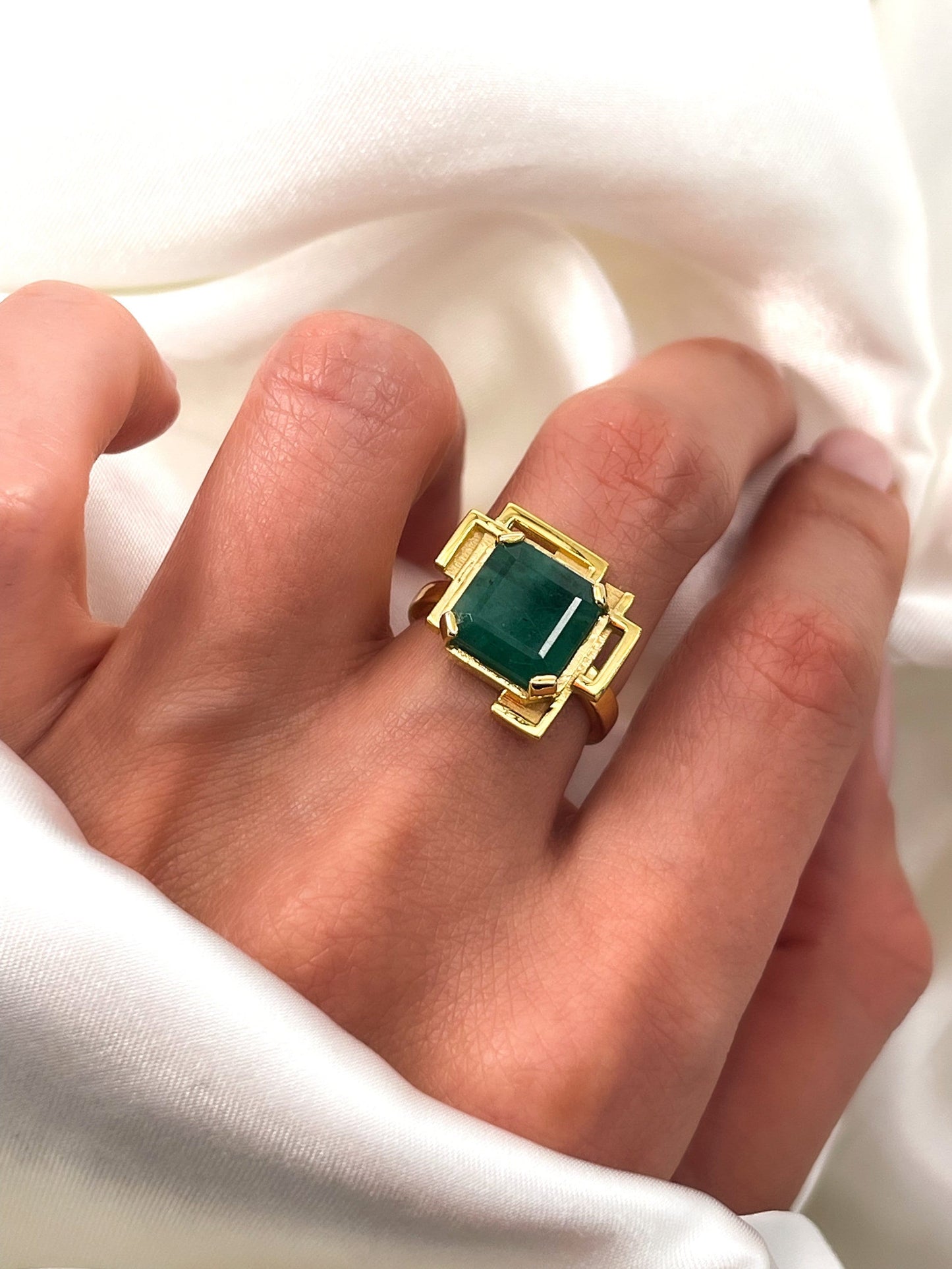 Modern Design Natural Emerald Cut Emerald Ring in Solid 14k Gold