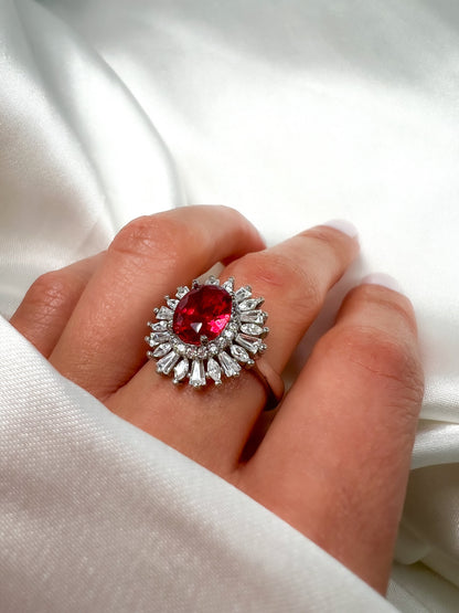 2Ct Oval Ruby Halo Sterling Silver Ring, Cocktail Statement Ring, Size 6.5