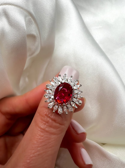 2Ct Oval Ruby Halo Sterling Silver Ring, Cocktail Statement Ring, Size 6.5