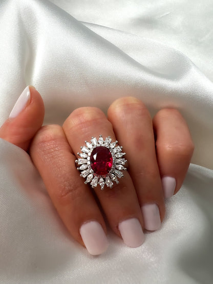 2Ct Oval Ruby Halo Sterling Silver Ring, Cocktail Statement Ring, Size 6.5