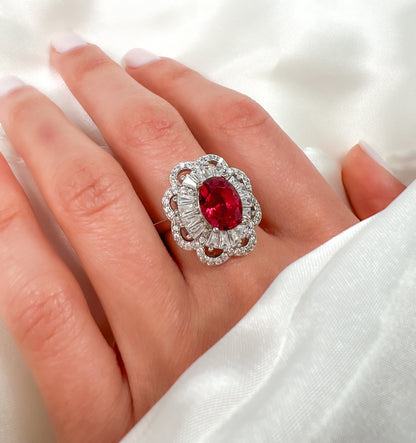 Oval Cut Ruby Halo Sterling Silver Ring, Size 6.5