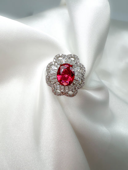 Oval Cut Ruby Halo Sterling Silver Ring, Size 6.5