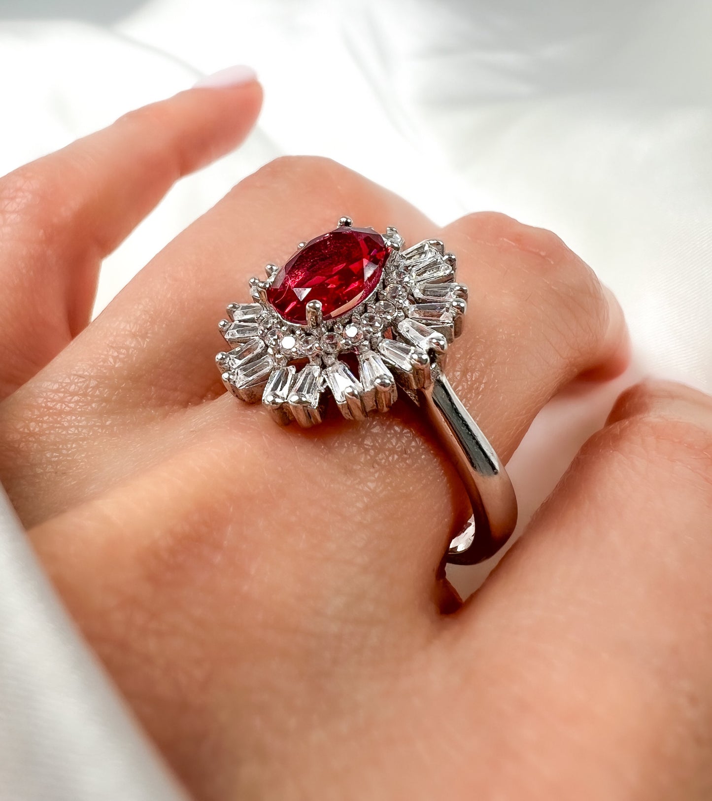 Oval Cut Ruby Halo Sterling Silver Ring, size 8.5