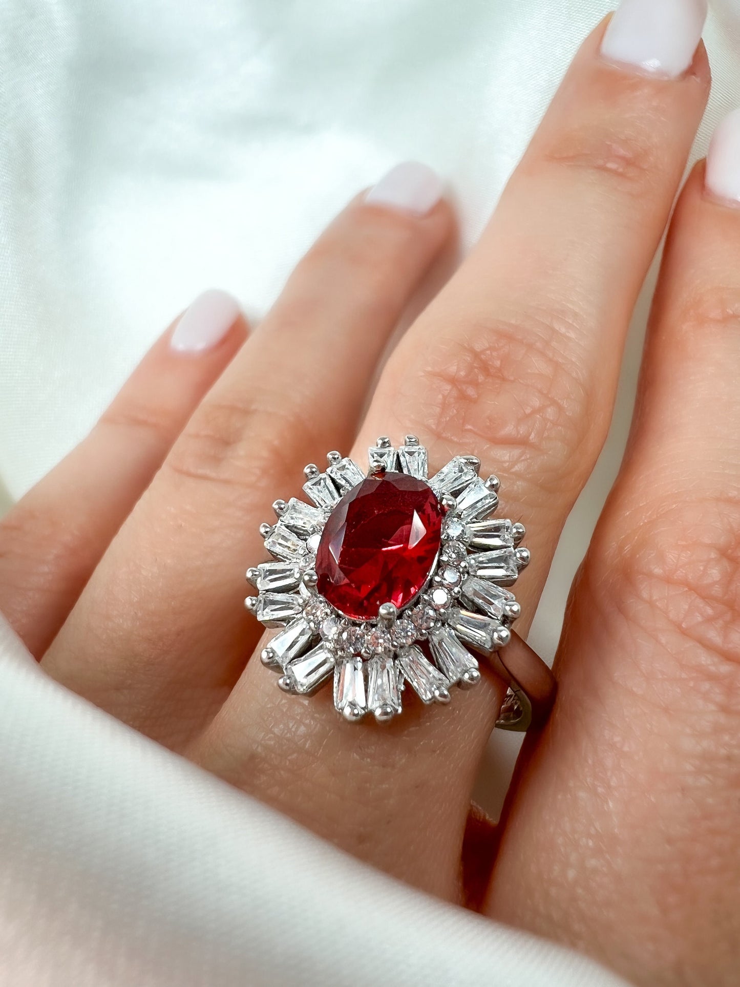 Oval Cut Ruby Halo Sterling Silver Ring, size 8.5