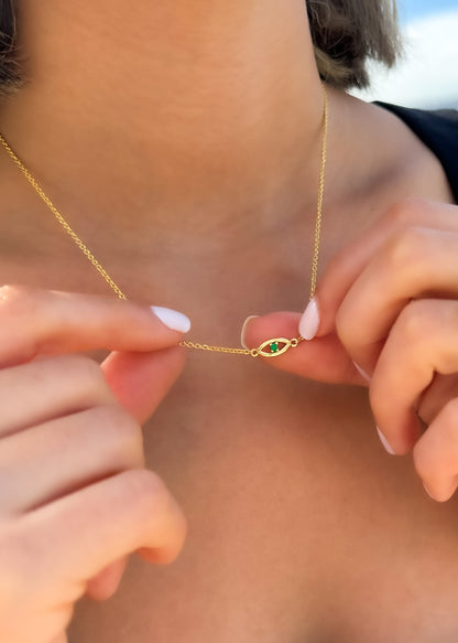 14k Solid Gold Evil Eye Necklace with Natural Gemstone