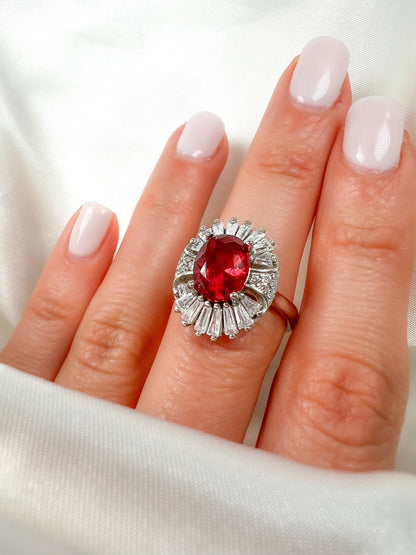 2 Ct Oval Cut Ruby Halo Sterling Silver Ring, size 6.25