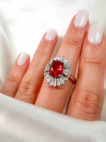 2 Ct Oval Cut Ruby Halo Sterling Silver Ring, size 6.25