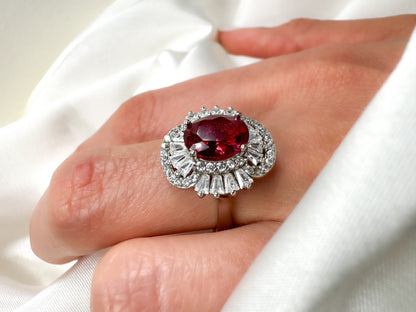 2Ct Oval Cut Ruby Diamond Statement Silver Ring, Size 7