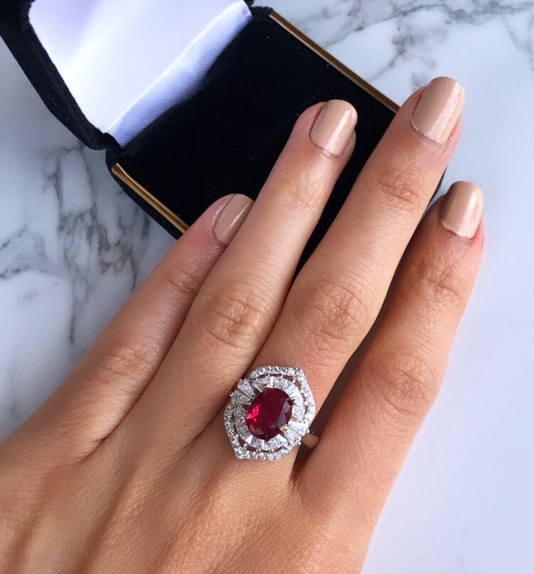 Halo Ruby Engagement Ring in Sterling Silver, Size 6.25