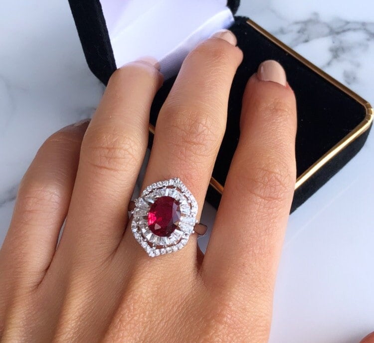 Halo Ruby Engagement Ring in Sterling Silver, Size 6.25