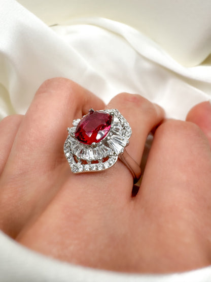 Ruby Halo Engagement Ring in Sterling Silver, Rhodium Plated Cocktail Ring, Size 6.25