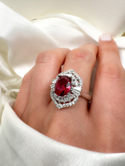Ruby Halo Engagement Ring in Sterling Silver, Rhodium Plated Cocktail Ring, Size 6.25