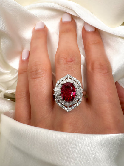 Ruby Halo Engagement Ring in Sterling Silver, Rhodium Plated Cocktail Ring, Size 6.25