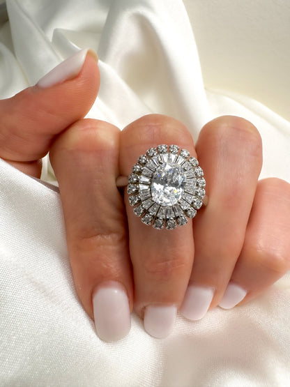 Sterling Silver Oval Cut Halo Ring, Size 7