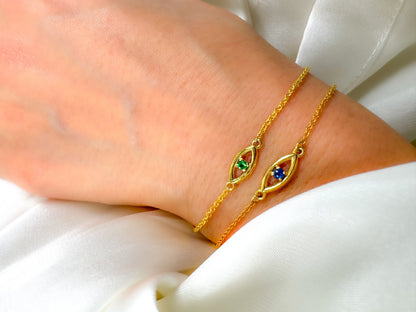 14k Solid Gold Evil Eye Bracelet with Diamond, Emerald or Sapphire Gemstone