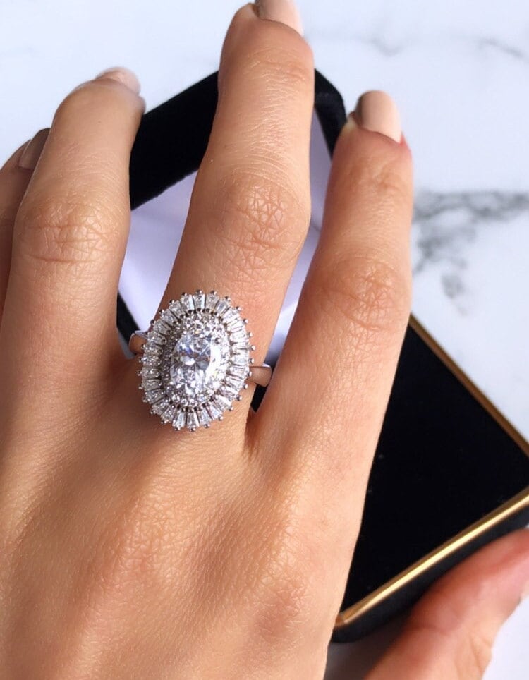 Oval Cut Halo Sterling Silver Engagement Ring, Size 6.5