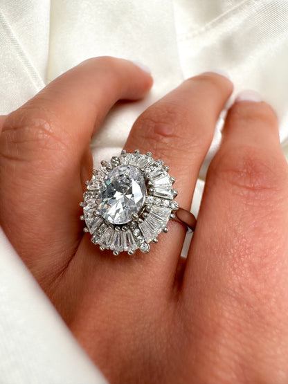 Oval-Cut Halo Sterling Silver Ring, size 7.25