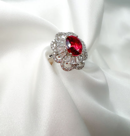 Oval Cut Ruby Halo Sterling Silver Ring, Size 6.5