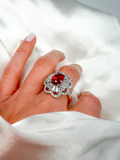 Oval Cut Ruby Halo Sterling Silver Ring, Size 6.5