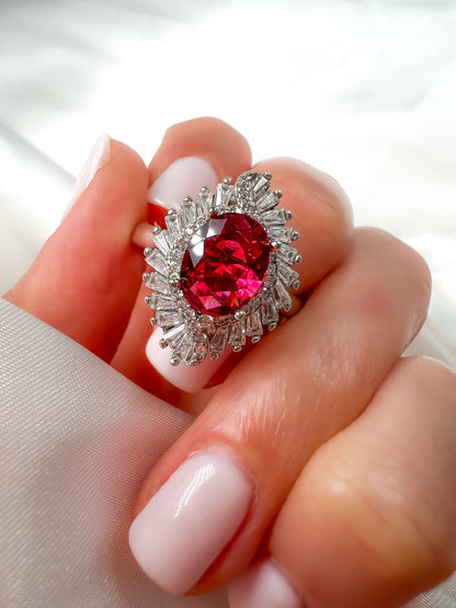 Ruby Statement Halo Sterling Silver Ring, Size 9