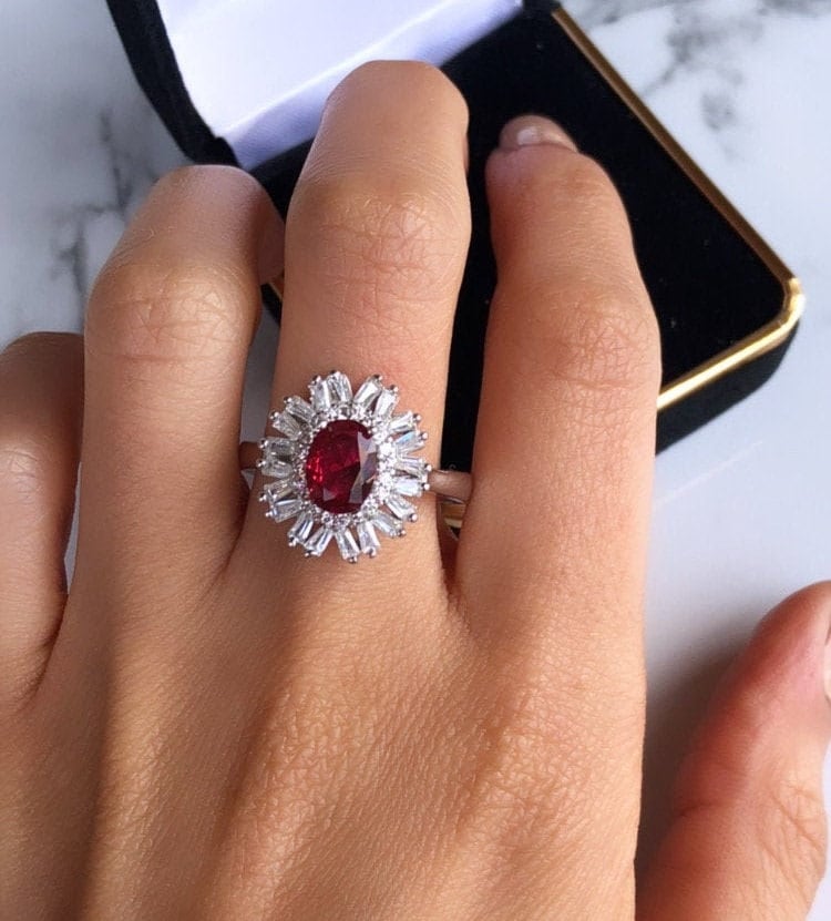 Oval Cut Ruby Halo Sterling Silver Ring, size 8.5