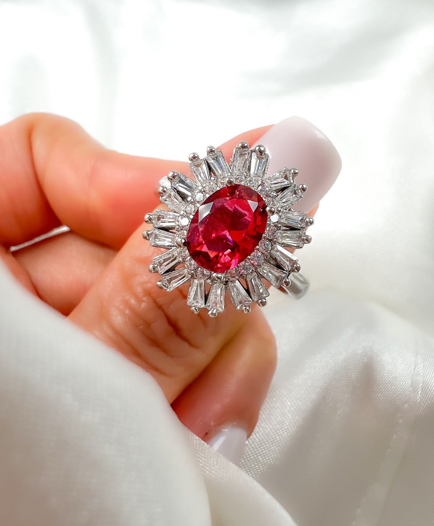 Oval Cut Ruby Halo Sterling Silver Ring, size 8.5